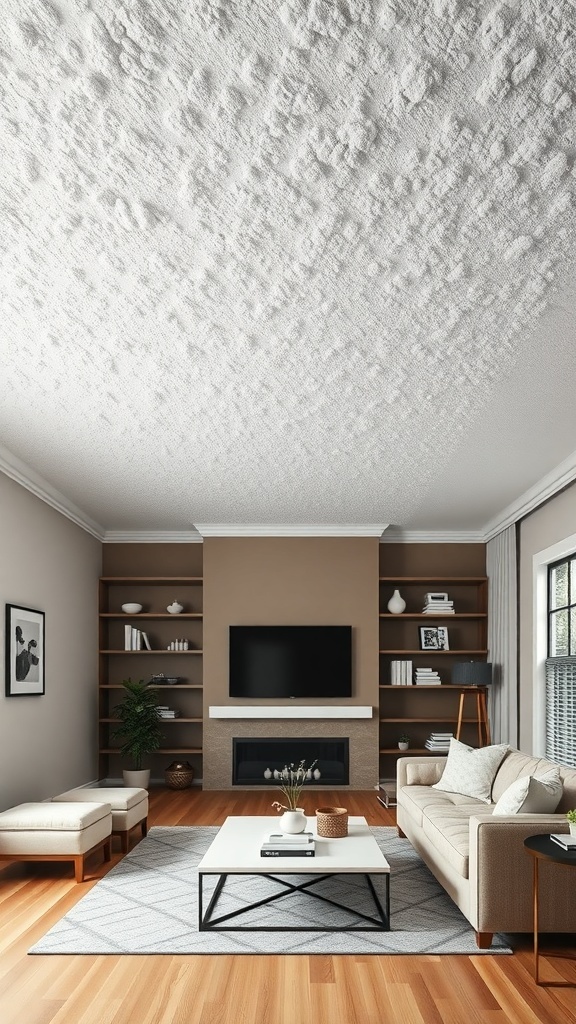 Living room with a popcorn ceiling and modern decor.