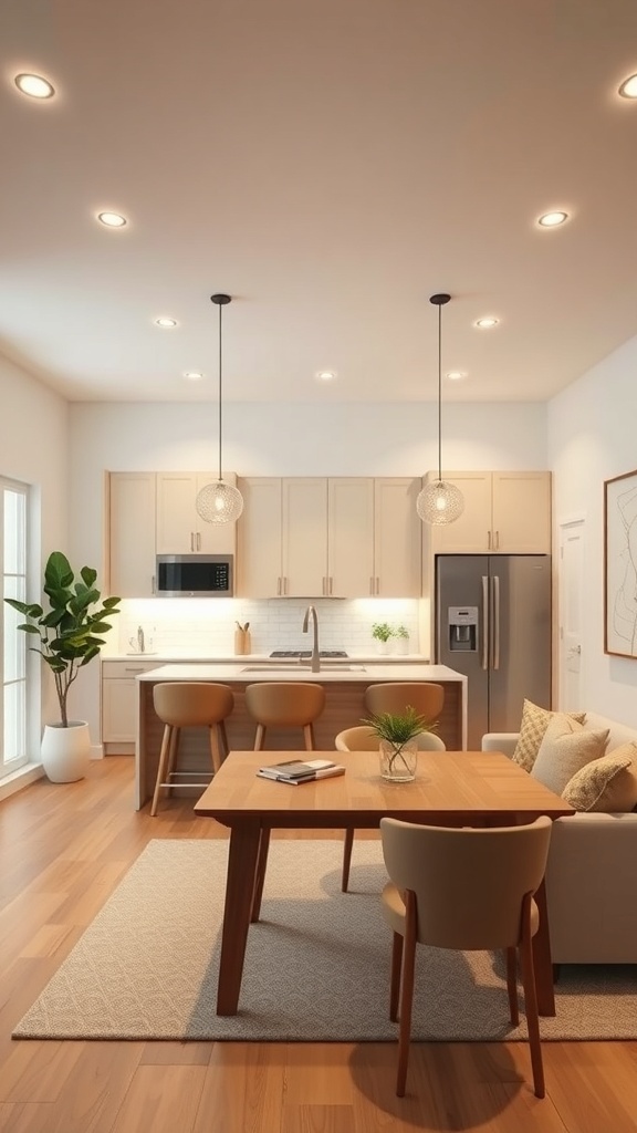 Modern kitchen with recessed lighting and pendant lights over dining area