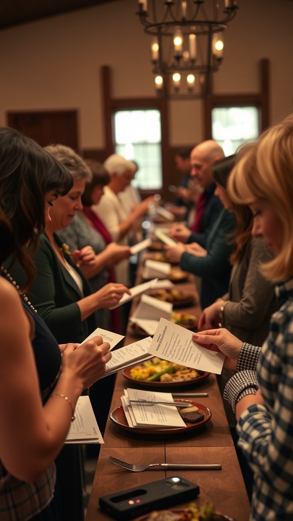 Group of guests participating in a recipe card exchange at a bridal shower