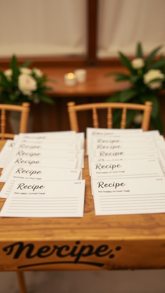 A table with neatly arranged recipe cards for a bridal shower game about a happy marriage.