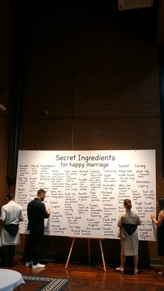 Guests contributing to a large board titled 'Secret Ingredients for happy marriage' at a bridal shower.