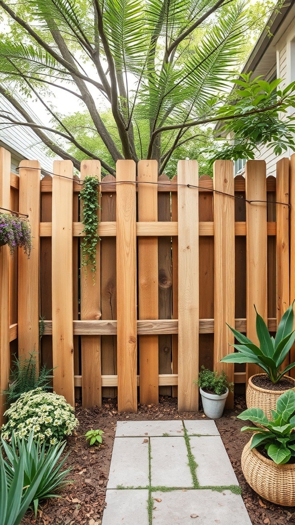 A reclaimed pallet fence with a pathway and garden plants in front.