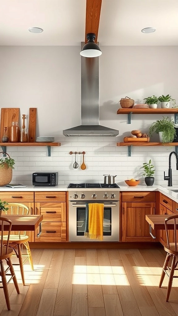 A modern kitchen featuring reclaimed wood accents, stainless steel appliances, and open shelving.