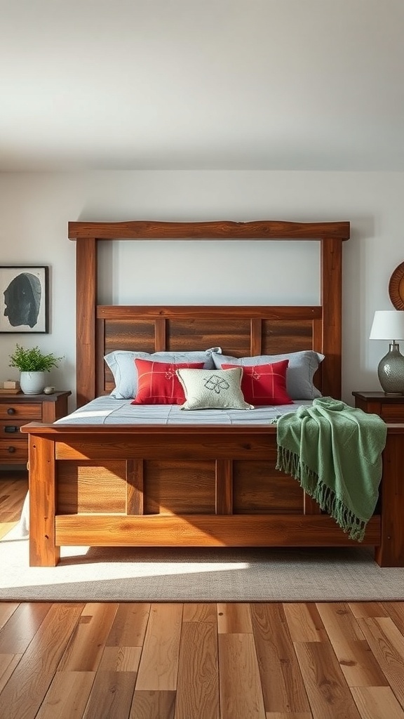 A rustic bedroom featuring a reclaimed wood bed frame with a cozy bedding setup.