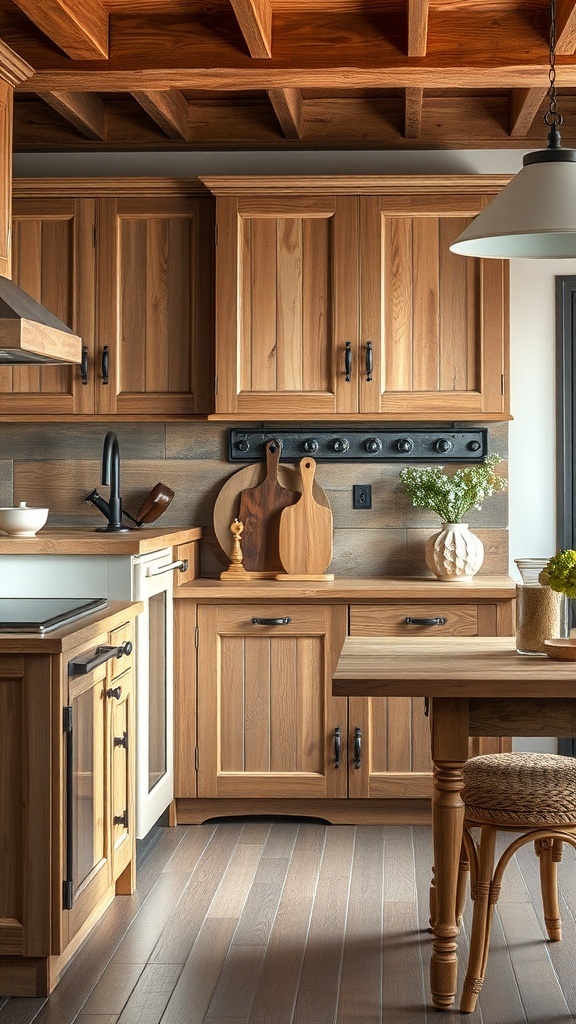 Rustic kitchen with reclaimed wood cabinets and modern accents