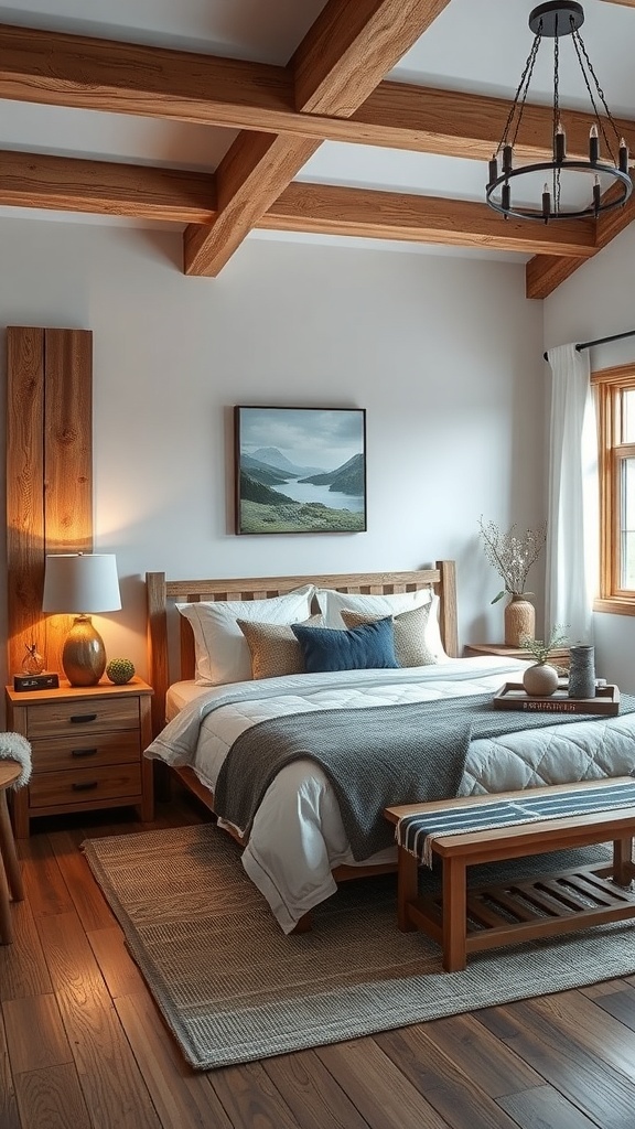 A rustic farmhouse bedroom featuring reclaimed wood beams, a wooden bed frame, and wooden nightstands.