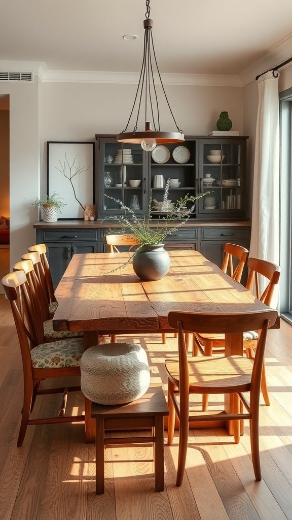 A rustic dining area featuring a reclaimed wood table and chairs, with a stylish cabinet in the background.