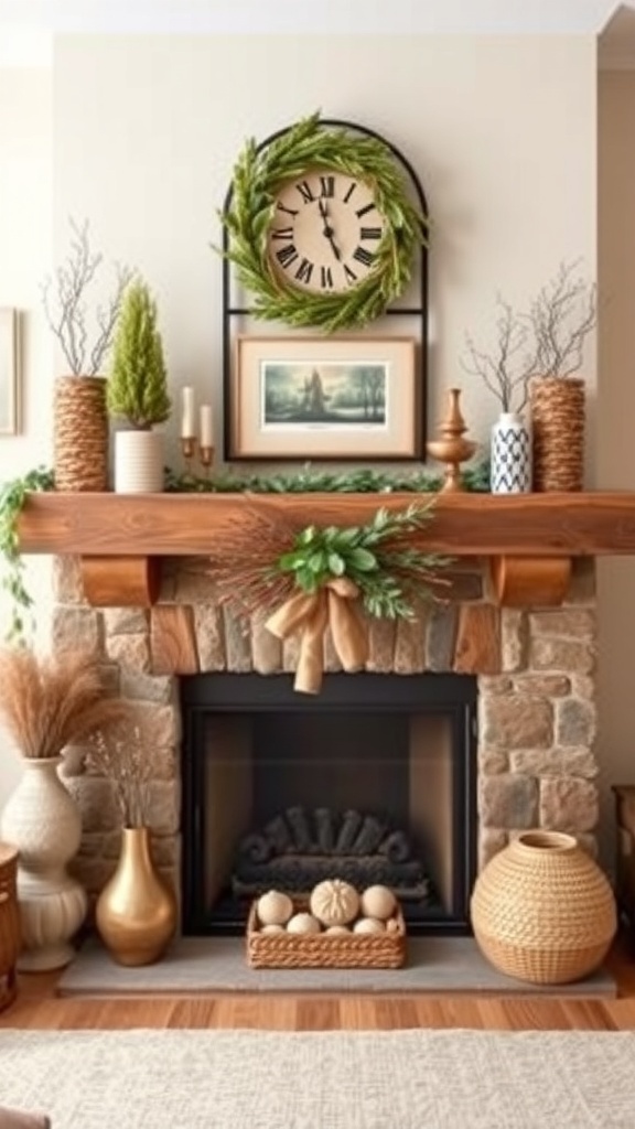 A rustic farmhouse fireplace with a reclaimed wood mantel, decorated with greenery, candles, and vases.