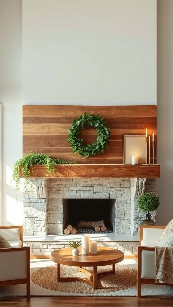 A rustic fireplace with a reclaimed wood mantel, decorated with greenery and candles.