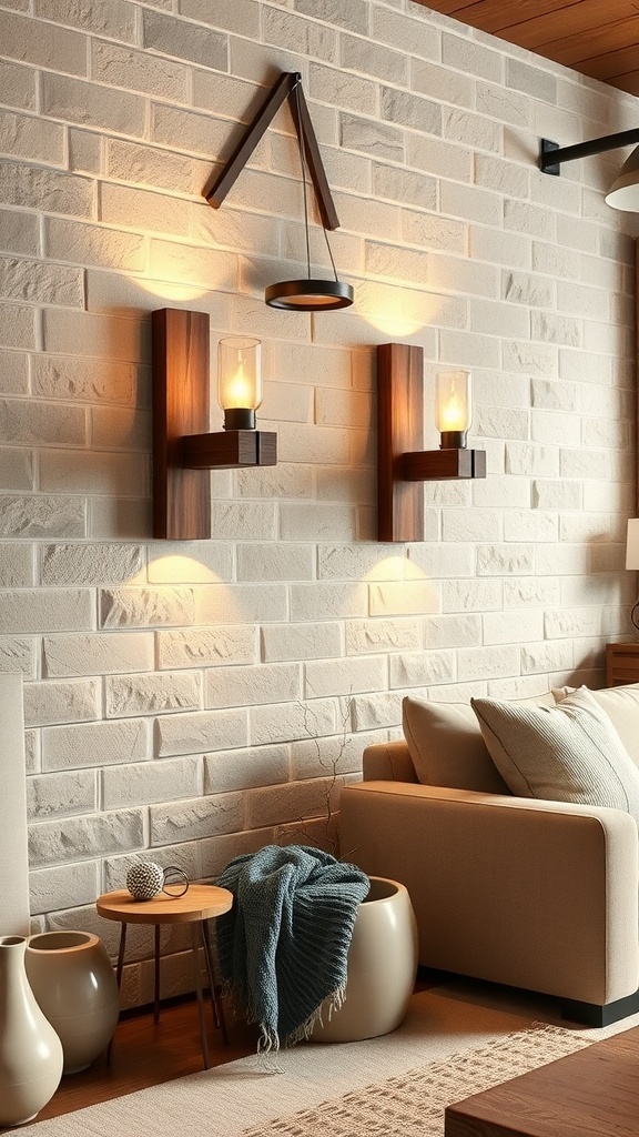 Rustic reclaimed wood sconces mounted on a light brick wall, illuminating a cozy living space.