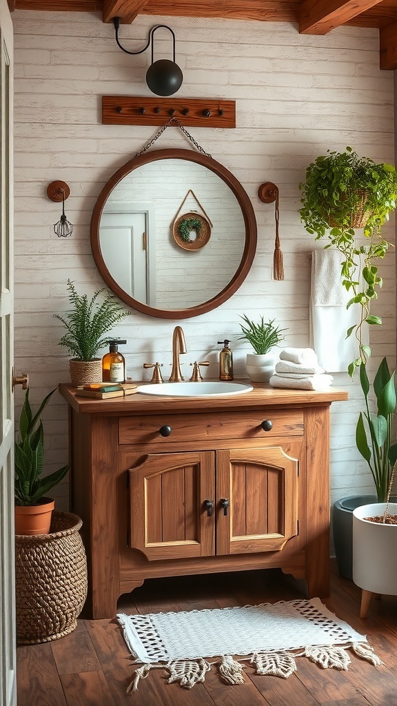 Rustic bathroom with reclaimed wood vanity, round mirror, plants, and warm lighting.