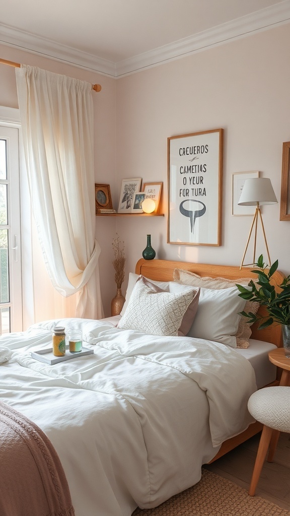 Cuarto decorado con recuerdos y souvenirs, incluyendo fotos enmarcadas y plantas.