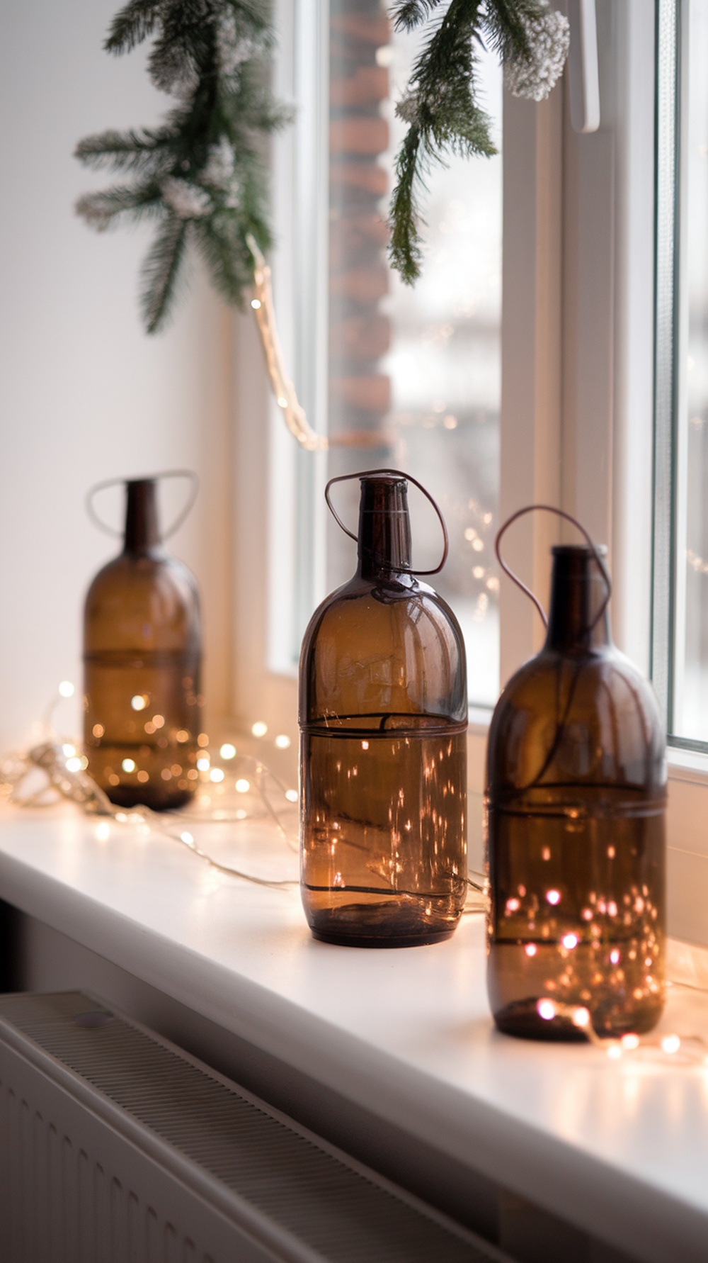 Three amber glass bottles filled with lights on a windowsill, decorated for Christmas.