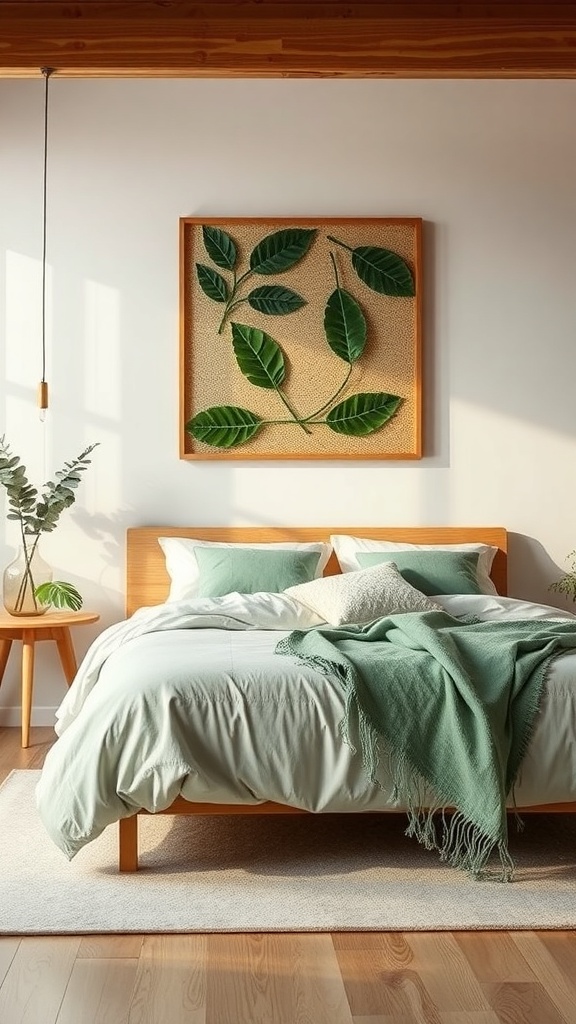 A stylish wall art piece featuring leaves in a wooden frame, displayed above a cozy bed with green accents.