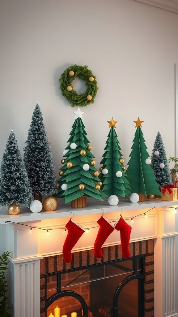 A festive display of recycled paper Christmas trees on a mantel, featuring a wreath and stockings.