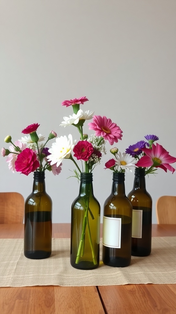 Four recycled wine bottles with colorful flowers arranged as wedding centerpieces