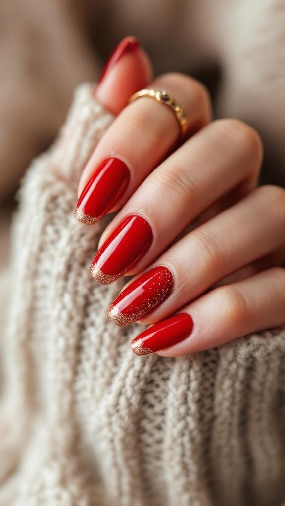A hand with red nails featuring gold glitter tips, wearing a cozy sweater.