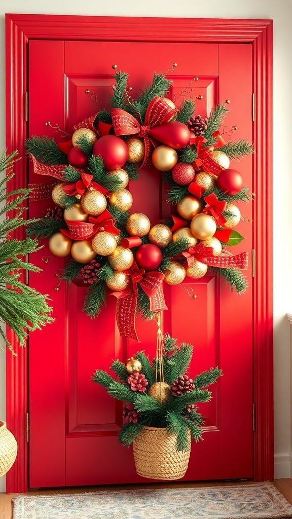 A beautiful red and gold holiday wreath hanging on a red door, adorned with ornaments and ribbons.
