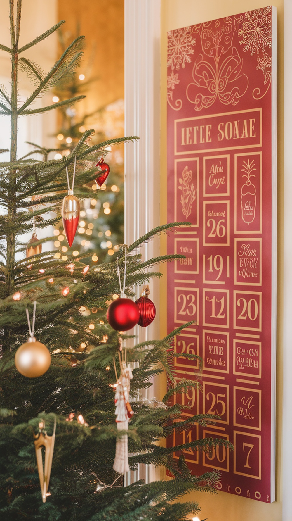 A red and gold themed advent calendar next to a decorated Christmas tree.