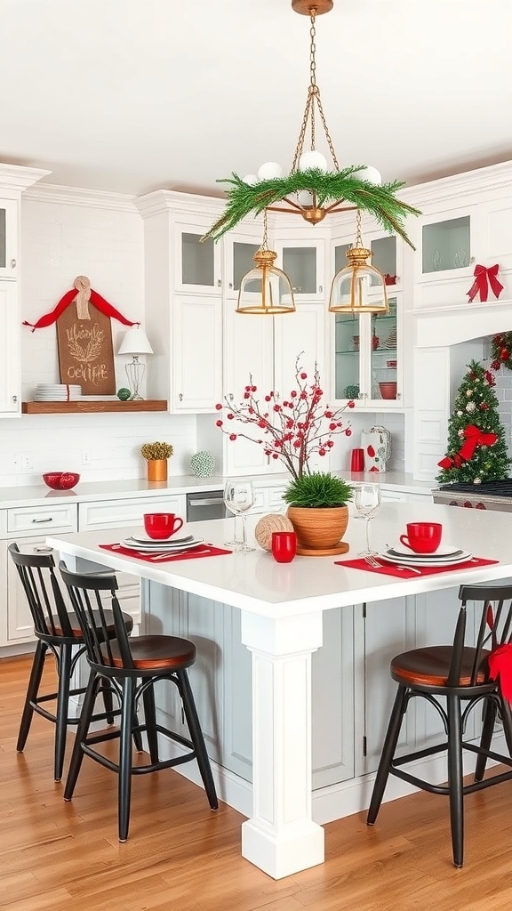 A kitchen island decorated for Christmas with red and green accents.