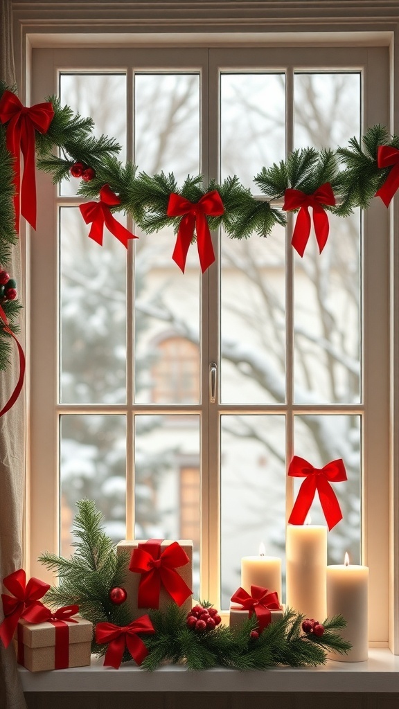A beautifully decorated window for Christmas featuring a green garland with red bows and ornaments, white candles, and wrapped gifts.