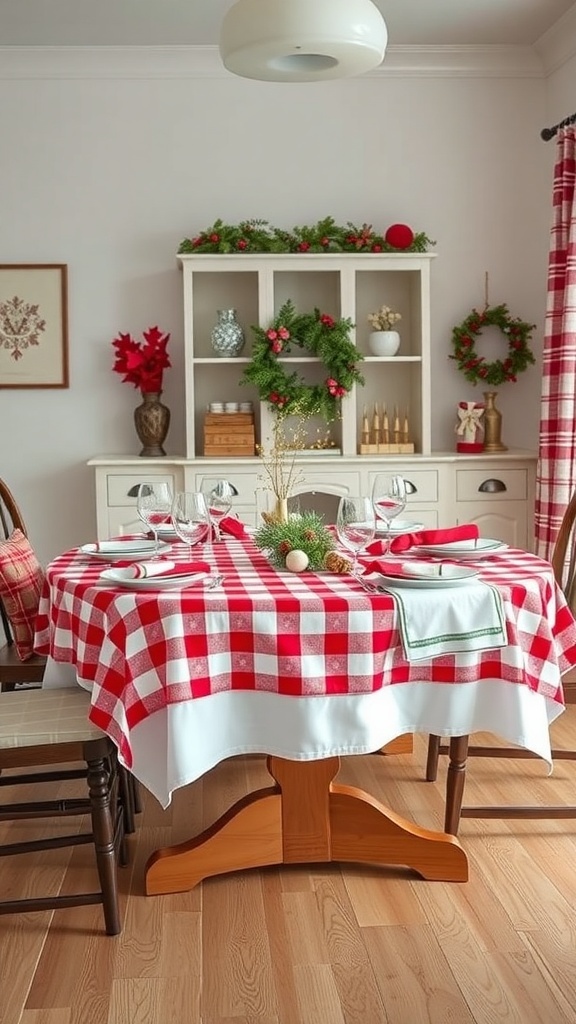 A dining table set with a red and white checkered tablecloth, surrounded by festive decorations.