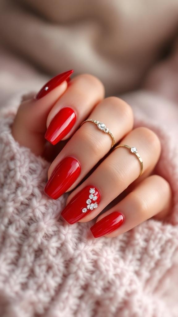 Close-up of red nails with rhinestones and gold rings on a cozy knitted background.