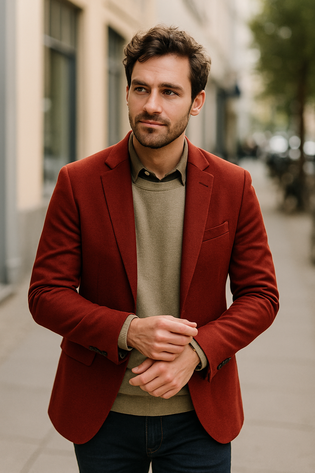A man wearing a red suit jacket over a green sweater, standing outdoors.