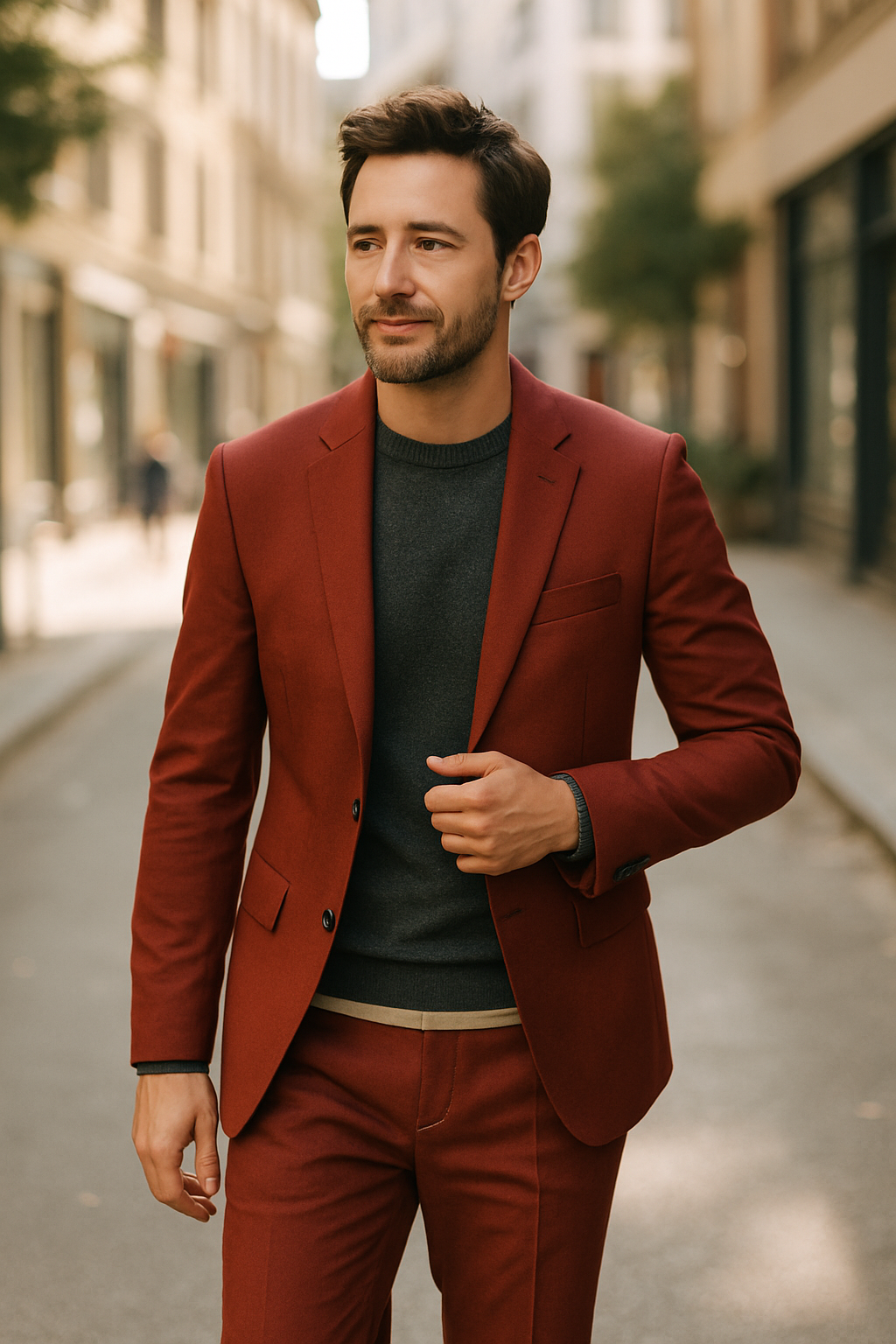 A man in a red suit walking confidently down a city street.