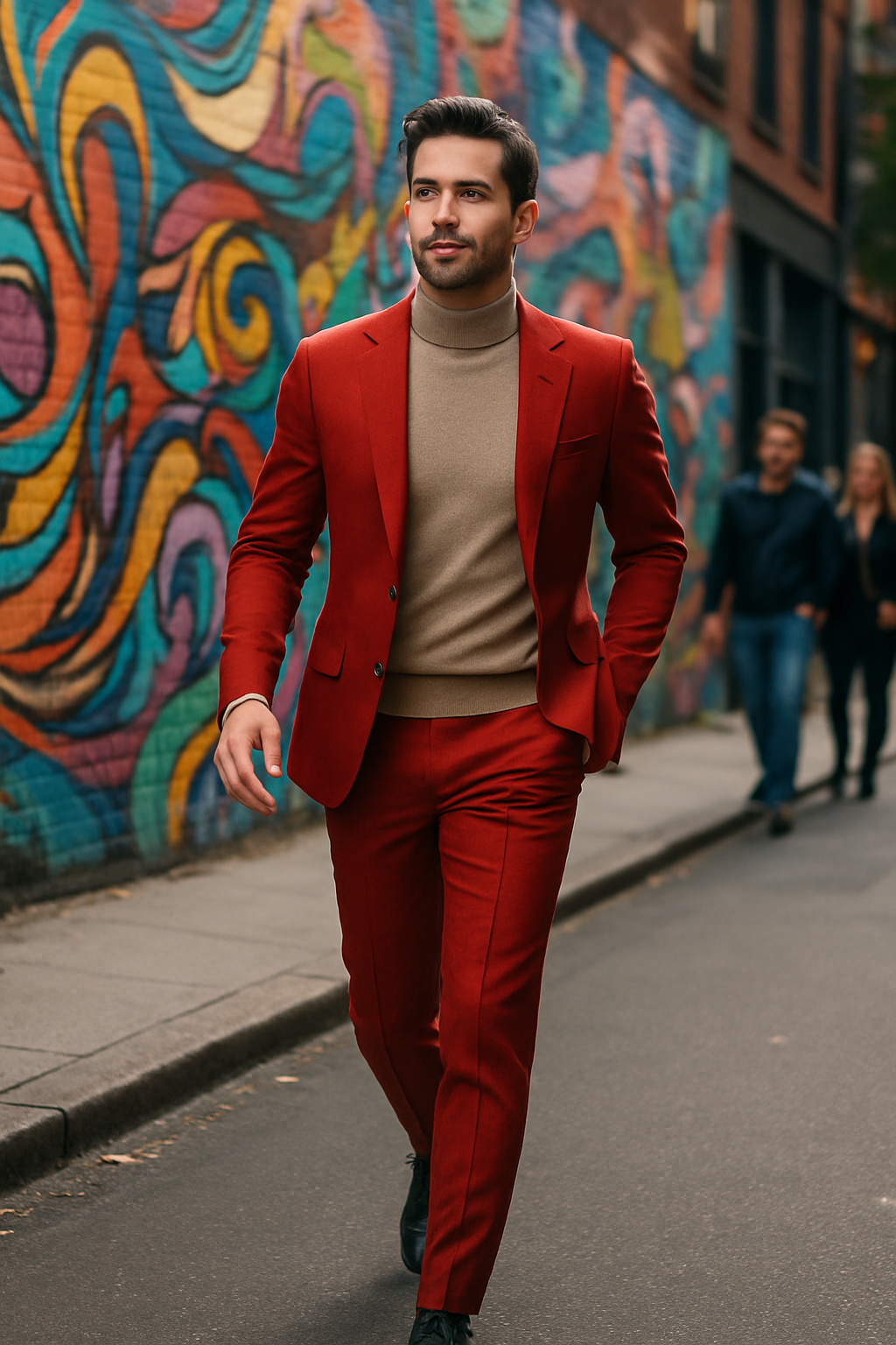 A man in a red suit walking on a street with colorful graffiti in the background.