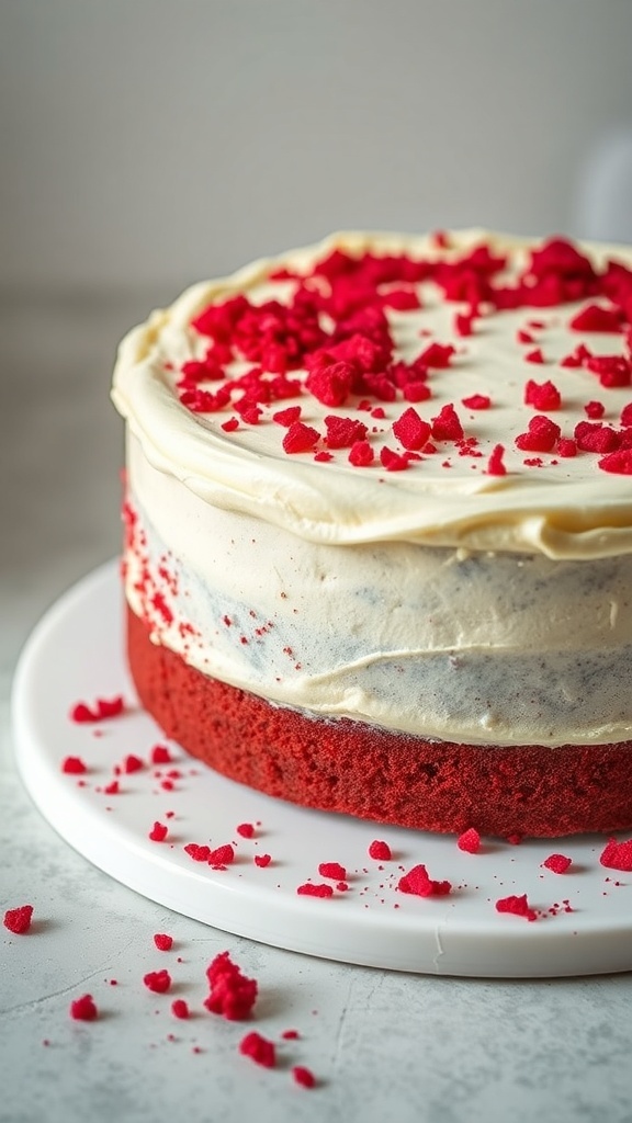 A beautiful red velvet cake with cream cheese frosting, topped with red sprinkles on a white cake stand.