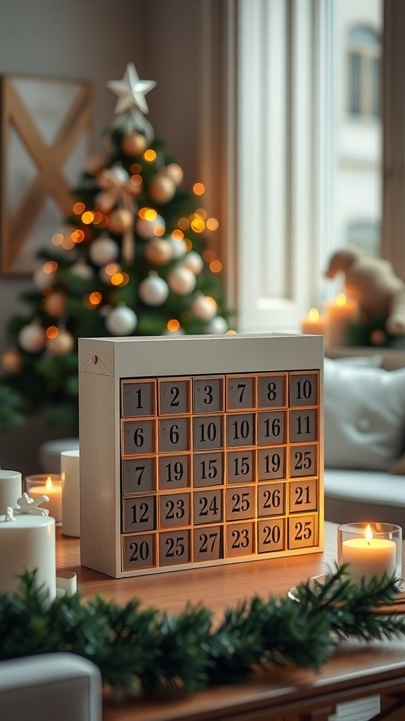 A wooden advent calendar with numbers 1 to 25, surrounded by candles and a decorated Christmas tree.