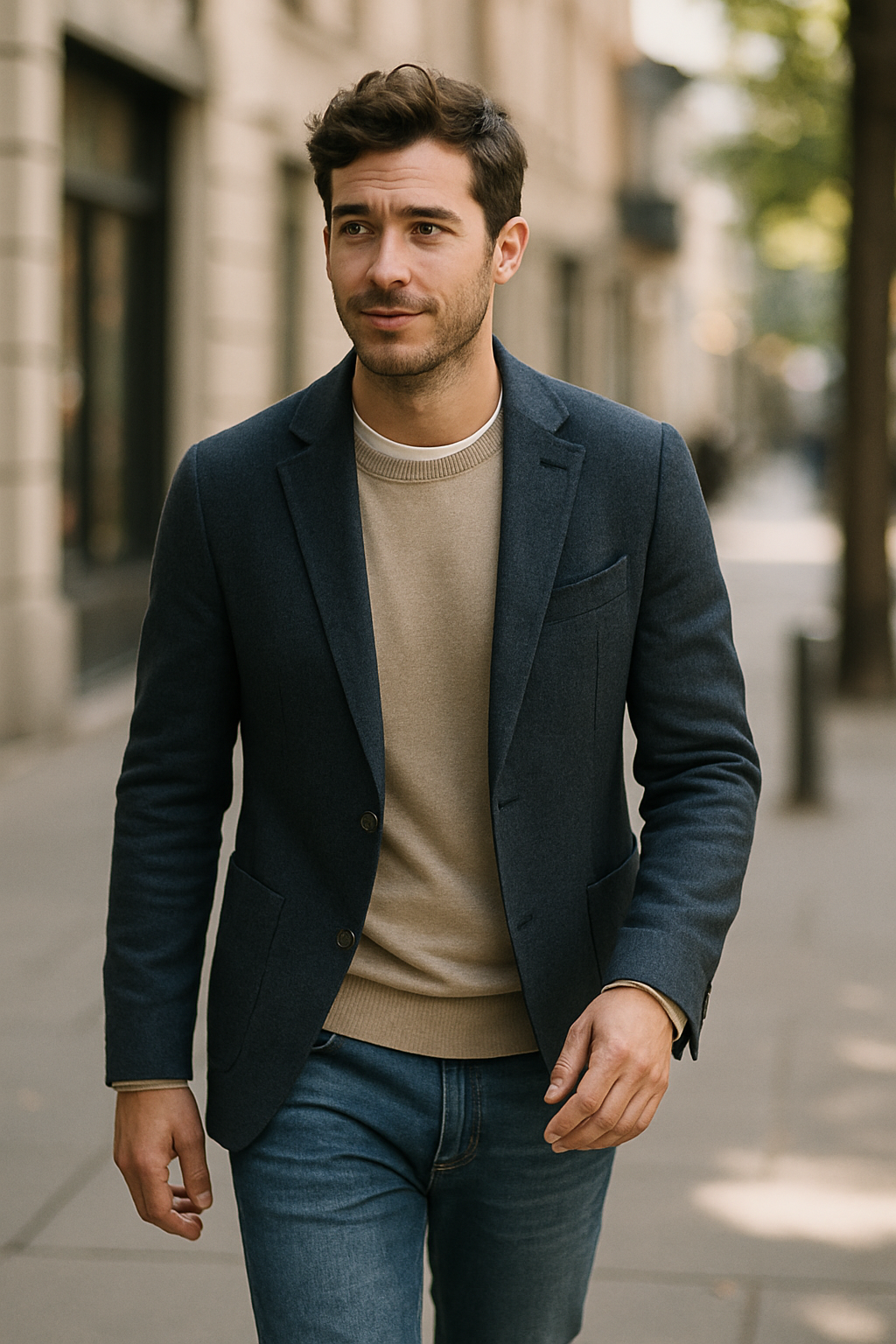 A man wearing a refined casual blazer and sweater, walking on a city street.