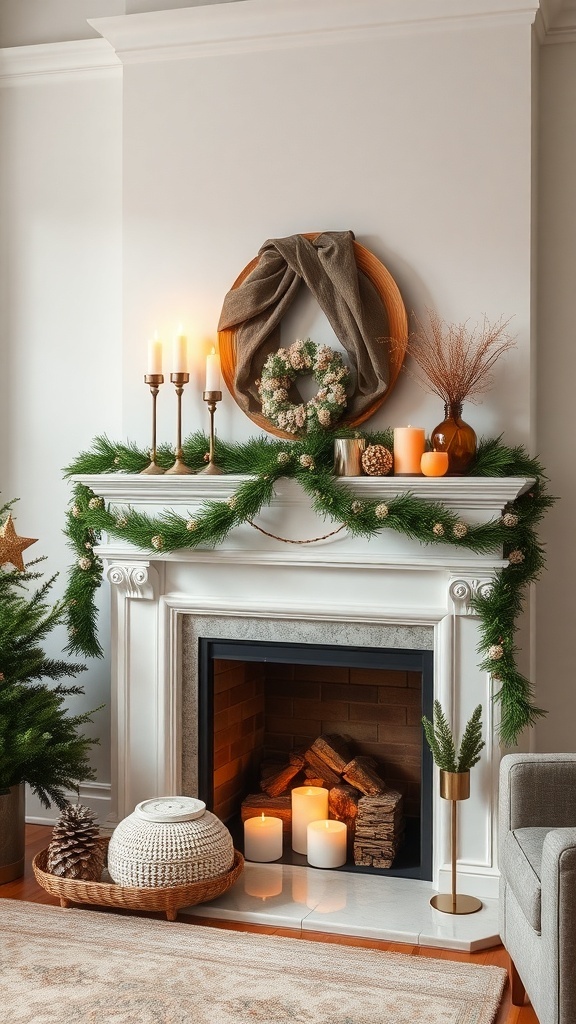 A beautifully decorated mantel with greenery, candles, and a wreath for Christmas.