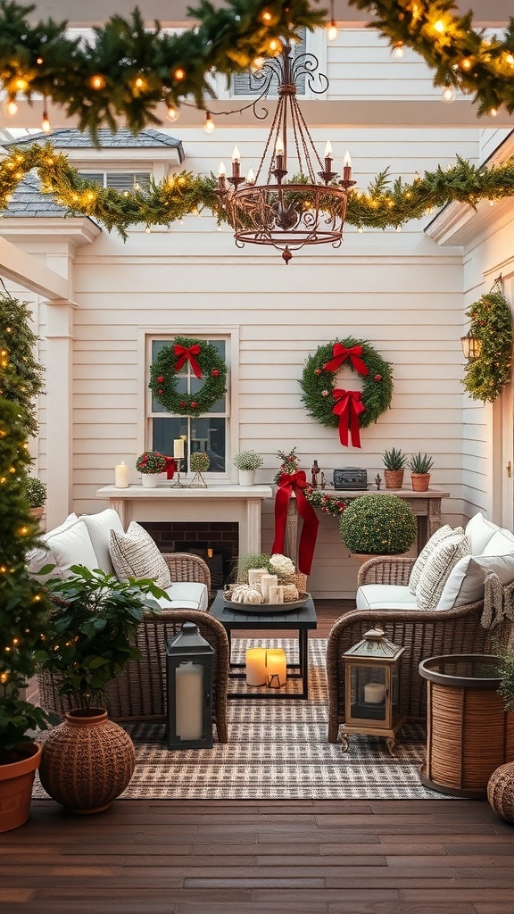 A beautifully decorated outdoor space for Christmas with wreaths, a chandelier, and cozy seating.