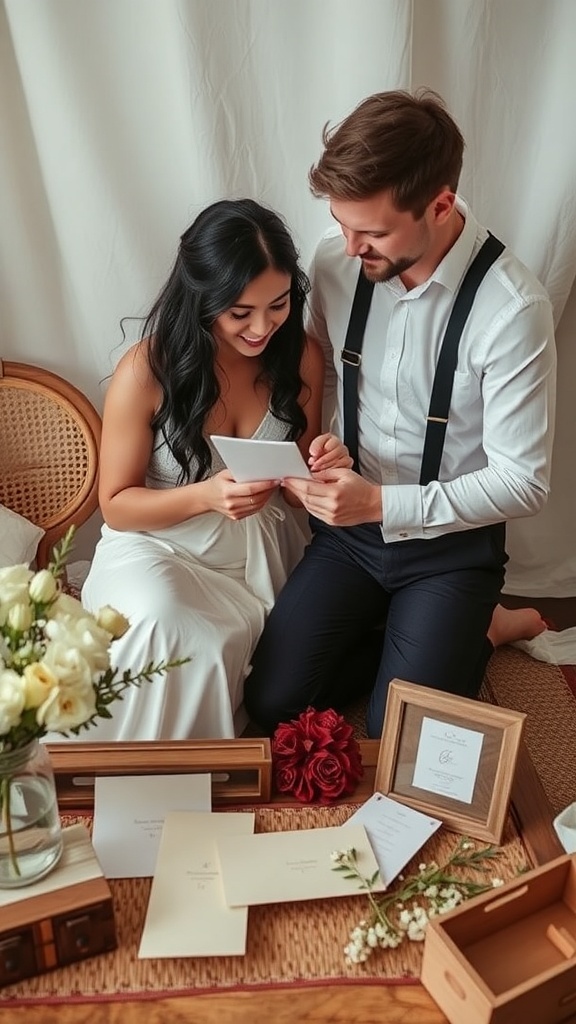 Couple sharing a moment while reviewing wedding invitations, surrounded by flowers and decorative items.