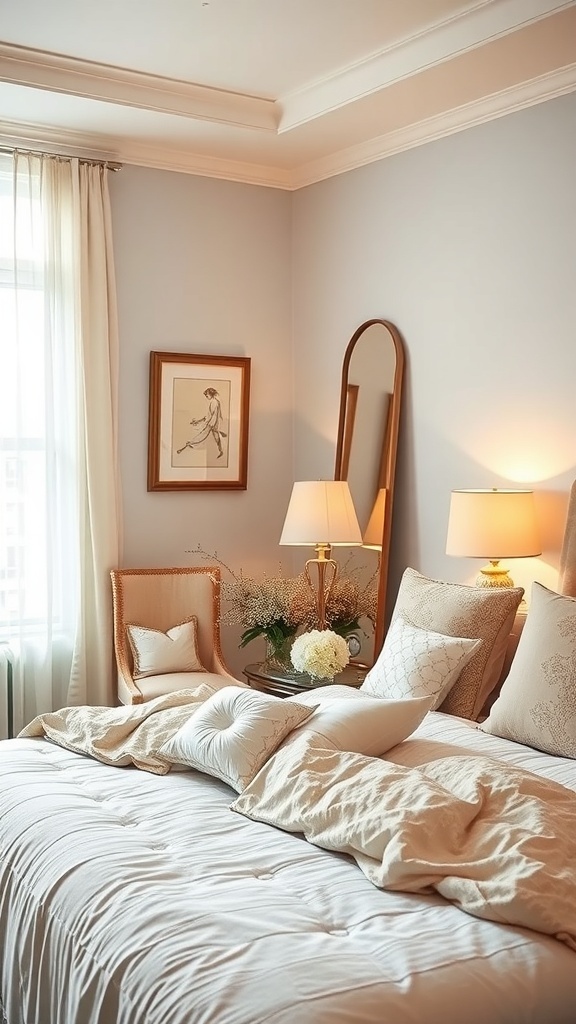 A cozy romantic bedroom with a mirror, soft lighting, and decorative pillows.
