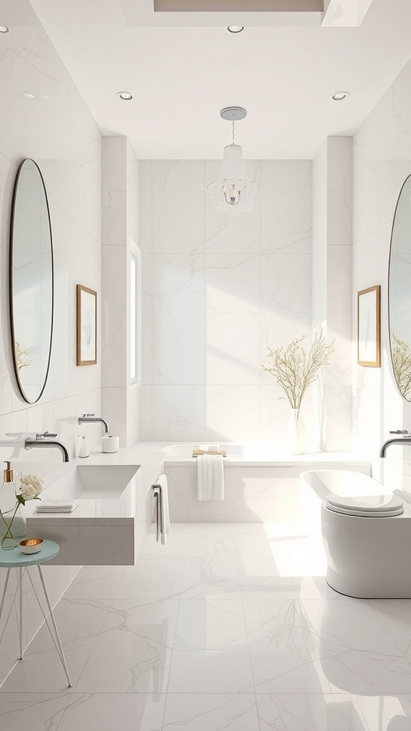 A bright and modern spa-like bathroom featuring reflective surfaces, large mirrors, and a minimalist design.
