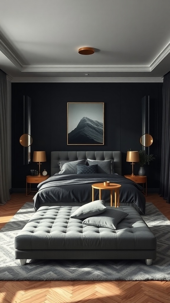 A modern dark teen bedroom featuring reflective surfaces, including mirrors and metallic accents.