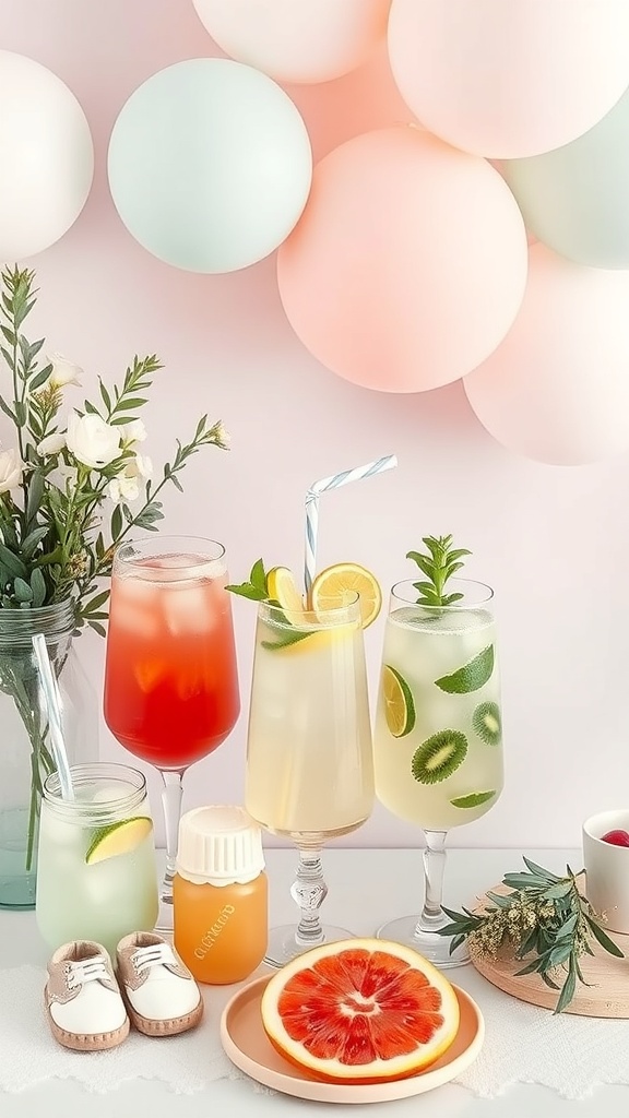 A colorful display of refreshing beverages for a baby shower brunch, featuring drinks in various glasses, pastel balloons, and baby shoes.