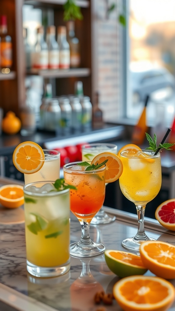 A selection of refreshing citrus cocktails with garnishes in a stylish setting.