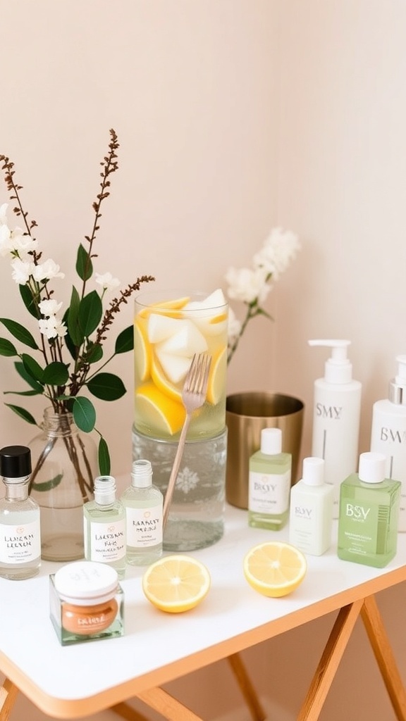 A beautifully arranged spa station featuring lemon slices, skincare products, and fresh flowers.