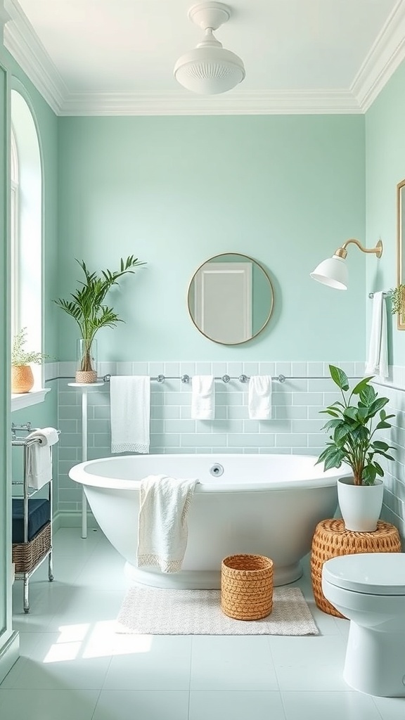 A beautifully designed bathroom featuring mint green walls, a large soaking tub, and natural decor.