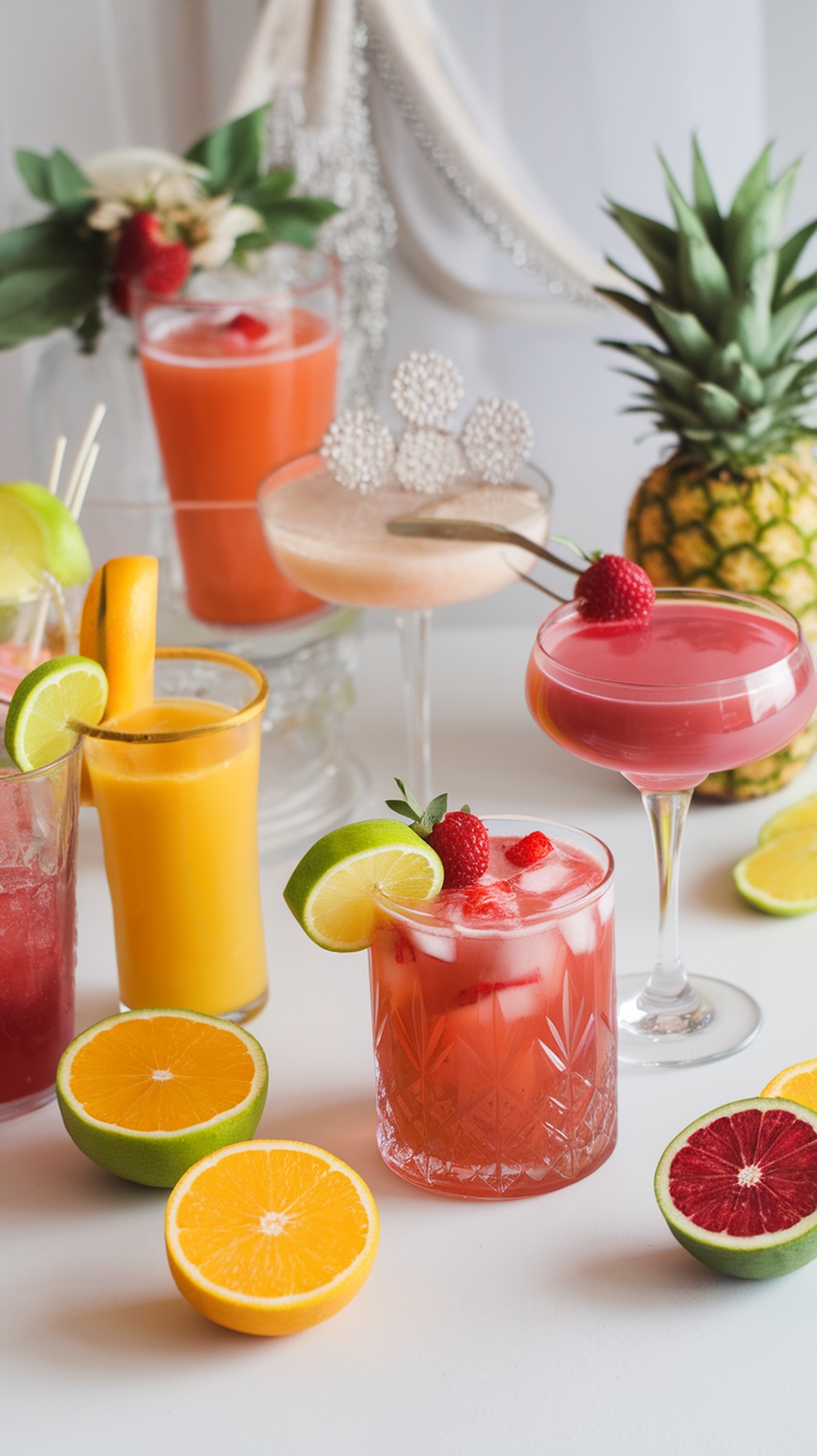 A colorful display of mocktails with fresh fruits and garnishes for a bridal shower.