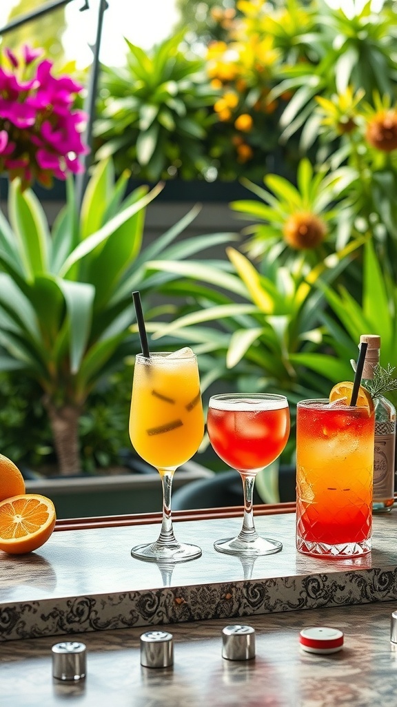 Three colorful cocktails on a table surrounded by flowers