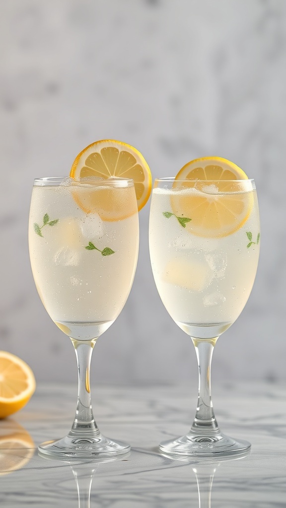 Two glasses of sparkling lemonade with lemon slices and herbs on a marble countertop.