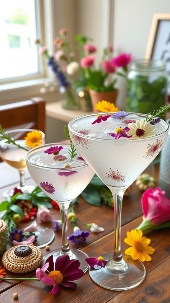 Beautifully garnished wildflower cocktails on a table, perfect for a bridal shower theme.