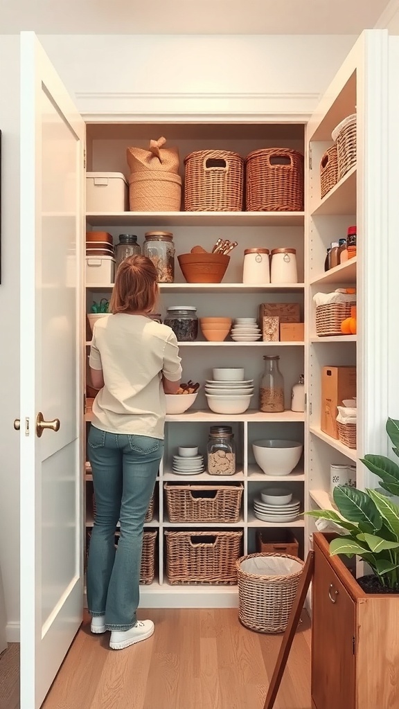 A well-organized pantry with shelves containing baskets, jars, and dishes, showing a person decluttering.