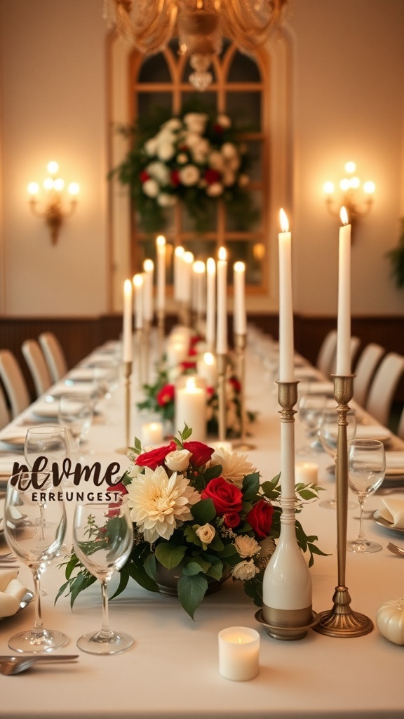 Elegant rehearsal dinner setup with flowers and candlelight