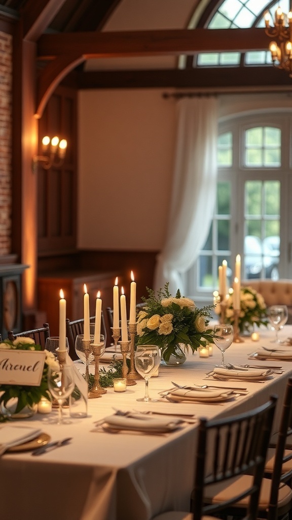 An elegantly set rehearsal dinner table with candles and floral arrangements.